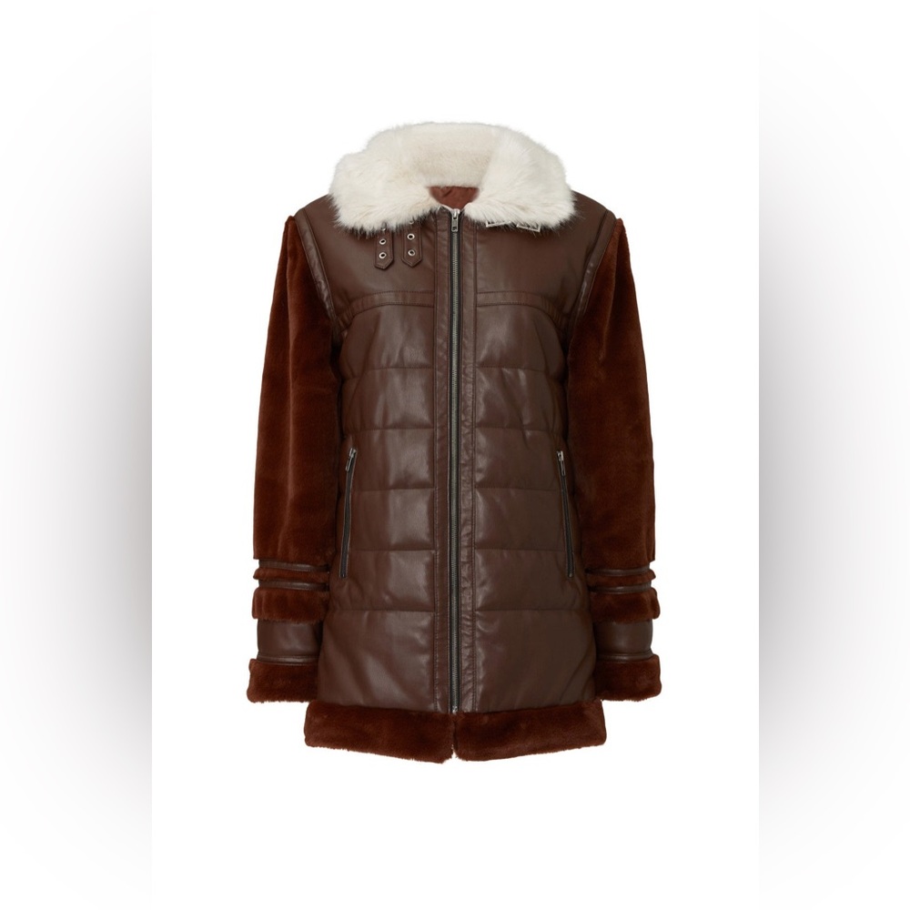 Elegant Brown Puffer Coat with White Fur Collar